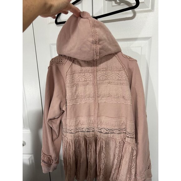 Free People Pink Hooded Candy Lace-Trim Cardigan Womens Large Boho Style - Picture 7 of 11